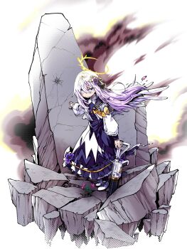 1girl assault_rifle azusa_(blue_archive) blue_archive closed_mouth dirty dirty_face dress flat_chest floating_hair flower full_body geonbanmaen gun hair_between_eyes hair_flower hair_ornament halo highres jacket long_hair long_sleeves looking_at_viewer m4_carbine pink_eyes pink_hair purple_dress rifle rubble shoes solo standing weapon white_jacket white_shoes wind wings