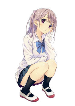 1girl :o black_skirt black_socks blue_bow bow brown_hair collared_shirt commentary_request full_body hair_ornament knees_up koutaro long_sleeves one_side_up original parted_lips pleated_skirt rabbit_hair_ornament red_eyes shirt shoes simple_background skirt sleeves_past_wrists socks solo squatting sweater uwabaki white_background white_shirt white_shoes white_sweater