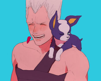 ^_^ animal animal_on_shoulder blush boston_terrier closed_eyes dog earrings closed_eyes flattop fuku_(r-i-h-o) grey_hair grin iggy_(jojo) jean_pierre_polnareff jewelry jojo_no_kimyou_na_bouken male_focus one_eye_closed smile stardust_crusaders