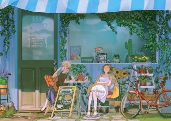 2girls animal animal_on_lap apron arm_on_table awning bag bicycle blonde_hair blue_eyes blue_flower blue_pants bowl bra_strap breasts broom brown_apron brown_shoes cactus cafe cat cat_on_lap chair chalkboard chalkboard_sign closed_eyes closed_sign cobblestone coffee_mug collarbone crossed_arms cup day door doorknob dress drink drinking drinking_straw english_text etri_(0o0oo) fern flower folding_chair grass green_hair green_shirt half-closed_eyes hand_up head_back high_heel_sandals highres holding holding_cup jitome ladder long_hair medium_dress menu_board mug multiple_girls no_socks on_lap orange_flower original outdoors pants parted_lips pet_bowl pillow pitcher_(container) plant poster_(object) potted_plant purple_flower red_flower sandals shade shadow shirt shoes short_hair short_sleeves sign sitting sleeping sleeping_upright sleeveless sleeveless_dress slice_of_life sprout summer sundress sunflower sunlight table tape unamused vase vines watering_can white_cat white_dress white_flower white_shoes wide_shot window wooden_box yellow_flower