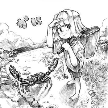 1girl barefoot beach closed_mouth cloud crab fang fisheye graphite_(medium) grass greyscale highres hiroya_(hirogaya_02) holding_net horizon kiriko_(ryuukyuu_kani_tanbou) looking_at_viewer looking_to_the_side monochrome ocean outdoors pebble ryuukyuu_kani_tanbou shading_eyes shirt short_hair short_sleeves shorts skin_fang smirk solo standing t-shirt traditional_media translated