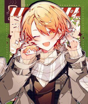 1boy :d chulixun1 gradient_hair hand_up highres jacket light_blush long_sleeves looking_at_viewer male_focus multicolored_hair one_eye_closed open_mouth orange_eyes orange_hair project_sekai scarf smile sparkle tenma_tsukasa