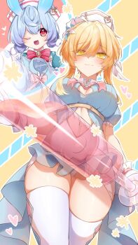 2girls animal_ears blonde_hair blue_hair bow bowtie breasts closed_mouth clothing_cutout flower genshin_impact gradient_hair hair_flower hair_ornament hat highres holding holding_syringe kykuma4 lumine_(genshin_impact) medium_breasts midriff multicolored_hair multiple_girls navel one_eye_closed open_mouth red_bow red_bowtie red_eyes shorts sigewinne_(genshin_impact) smile syringe thighhighs white_thighhighs yellow_eyes