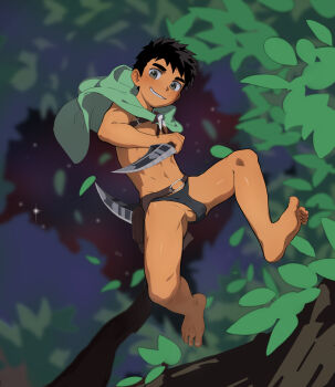 1boy barefoot black_hair cape eukio holding holding_weapon male_focus original short_hair shota smile solo thong weapon