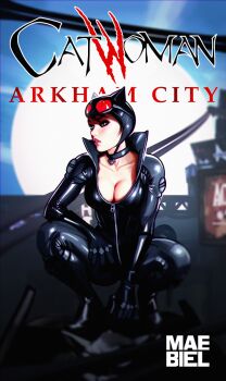 1girl animal_ears batman:_arkham_city batman_(series) black_bodysuit black_hair bodysuit breasts cat_ears catsuit catwoman cleavage dc_comics gloves goggles goggles_on_head green_eyes large_breasts maebiel makeup red_lips selina_kyle short_hair solo