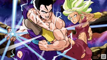 1boy 1girl ass black_eyes black_hair blood blue_eyes breasts cleavage dougi dragon_ball dragon_ball_super fighting fighting_stance green_hair highres kefla_(dragon_ball) muscular muscular_female muscular_male nosebleed scratches son_gohan super_saiyan tagme thick_thighs thighs torn_clothes tournament_of_power ultimate_gohan