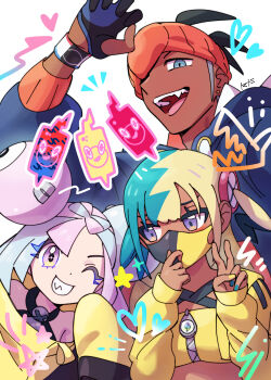 1boy 2girls :d bandeau bow-shaped_hair canari_(pokemon) character_hair_ornament commentary_request dark-skinned_male dark_skin dynamax_band gen_4_pokemon gloves grin hair_ornament headband heart highres hood hoodie iono_(pokemon) jacket long_sleeves mask mouth_mask multicolored_hair multiple_girls nail_polish nintendo one_eye_closed open_mouth orange_headband partially_fingerless_gloves pokemon pokemon_legends:_z-a pokemon_sv pokemon_swsh purple_eyes raihan_(pokemon) rotom rotom_phone smile teeth tomatomi tongue two-tone_hair upper_teeth_only white_background yellow_bandeau yellow_jacket zipper zipper_pull_tab
