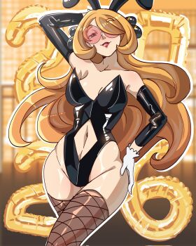 1girl 2026 absurdres alt_text animal_ear_hairband animal_ears arm_up balloon bare_shoulders black_leotard blonde_hair breasts cleavage clothing_cutout commentary cowboy_shot crossed_legs cynthia_(pokemon) detached_sleeves english_commentary exceedxatu fake_animal_ears fishnet_thighhighs fishnets gloves hair_over_one_eye hairband hand_in_own_hair hand_on_own_hip highleg highleg_leotard highres leotard long_hair looking_at_viewer navel_cutout nintendo number_balloon parted_lips pink-tinted_eyewear playboy_bunny pokemon pokemon_dppt rabbit_ear_hairband rabbit_ears red_lips round_eyewear smile solo standing strapless strapless_leotard thighhighs thighs tinted_eyewear watson_cross white_gloves yellow_background