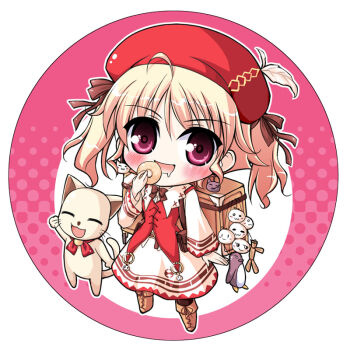 1girl :3 agnes_boulange ahoge backpack bag beret blonde_hair blush boots bow cat donut dress feathers female_focus food full_body hair_ribbon happy hat purple_eyes randoseru ribbon sakura_tsukitei saliva short_hair short_twintails shukufuku_no_campanella smile solo tango_(shukufuku_no_campanella) twintails
