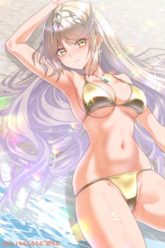 1girl absurdres arm_up armpits artist_name beach bikini blonde_hair breasts chest_jewel closed_mouth commentary_request core_crystal_(xenoblade) gem gold_bikini green_gem highres large_breasts long_hair looking_at_viewer lying mythra_(xenoblade) navel on_back solo stomach swimsuit tiara very_long_hair wade_(njud8343) xenoblade_chronicles_(series) xenoblade_chronicles_2 yellow_eyes