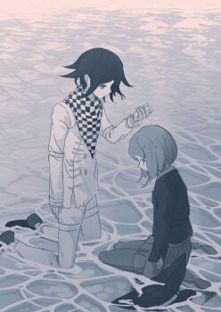 1boy 1girl checkered_neckerchief commentary_request danganronpa_(series) danganronpa_v3:_killing_harmony from_side highres jacket kneeling long_sleeves namo_(namoronpa) neckerchief oma_kokichi pants pantyhose pleated_skirt red_hair shoes short_hair skirt water white_jacket white_pants yumeno_himiko