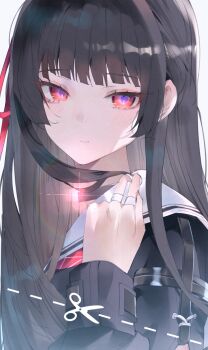 1girl absurdres black_hair chisa_(wuthering_waves) closed_mouth commentary hair_ribbon highres holding holding_own_hair long_hair looking_at_viewer looking_to_the_side portrait purple_pupils red_eyes red_ribbon ribbon sailor_collar shigureszku solo white_sailor_collar wuthering_waves