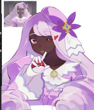 1girl dark-skinned_female dark_skin dress fascinator game_screenshot_inset hair_ornament hand_up heart highres holding holding_poke_ball jacinthe_(pokemon) juliet_sleeves long_hair long_sleeves looking_at_viewer low_drills meeowie mega_stone nintendo one_eye_closed poke_ball poke_ball_(basic) pokemon pokemon_legends:_z-a puffy_sleeves purple_dress purple_eyes purple_hair reference_inset smile solo tongue tongue_out upper_body very_dark_skin