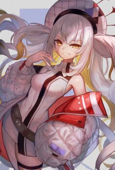 1girl absurdres bare_shoulders breasts dress fate/grand_order fate_(series) gradient_hair grey_hair grin hashtag-only_commentary hat highres jacket long_hair long_sleeves looking_at_viewer m0_chi marie_antoinette_(fate) marie_antoinette_alter_(fate) marie_antoinette_alter_(first_ascension)_(fate) medium_breasts multicolored_hair off_shoulder open_clothes open_jacket short_dress sidelocks single_thighhigh smile solo thighhighs two_side_up white_dress white_hair white_hat white_jacket yellow_eyes