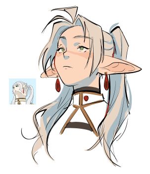 1girl absurdres commentary earrings expressionless frieren gluca green_eyes grey_hair highres jewelry looking_up meme pink_hair profile reference_inset sketch solo sousou_no_frieren teardrop_earrings twintails upward_angle_frieren_drawing_(meme)