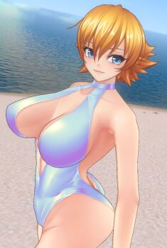 1girl 3d action_taimanin ass bare_legs bare_shoulders blonde_hair blue_eyes breasts cleavage_cutout clothing_cutout highleg highleg_one-piece_swimsuit huge_ass igawa_sakura large_breasts lips looking_at_viewer looking_to_the_side loppybun ocean official_alternate_costume one-piece_swimsuit shiny_skin solo standing swimsuit taimanin_(series) taimanin_asagi water white_one-piece_swimsuit