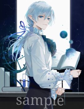 1boy adjusting_clothes armillary_sphere ascot black_ascot black_corset black_pants blue_eyes blue_ribbon book book_stand closed_mouth constellation corset cowboy_shot earrings floating_headgear frilled_shirt_collar frilled_sleeves frills from_side hair_between_eyes hair_ribbon headgear high-waist_pants highres holding holding_string jewelry light_smile long_hair long_sleeves looking_to_the_side low_ponytail male_focus mole mole_under_eye nidexintu open_book orb original pants pointy_ears ponytail puffy_long_sleeves puffy_sleeves ribbon sample_watermark shirt solo standing string table test_tube test_tube_rack watermark white_hair white_shirt window