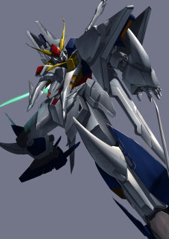 Rule 34 | absurdres, commentary request, energy sword, green eyes, grey background, gundam, gundam hathaway's flash, highres, mecha, mecha focus, mobile suit, no humans, permian machine, realistic, robot, science fiction, solo, sword, v-fin, weapon, xi gundam
