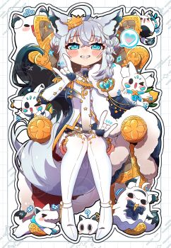 1girl ahoge animal_ear_fluff animal_ear_piercing animal_ears aqua_eyes braid breasts bun_with_braided_base cape commentary_request crown double_fox_shadow_puppet epaulettes folded_braid fox_ears fox_girl fox_shadow_puppet fox_tail fubuchun fubuzilla_(shirakami_fubuki) fur-trimmed_cape fur_trim gloves gold_crown gold_garter_belt hair_between_eyes hair_bun half-skirt highres hololive jacket long_hair looking_at_viewer mini_crown miteiru_(shirakami_fubuki) multicolored_tail official_alternate_costume official_alternate_hairstyle oruyanke_(shirakami_fubuki) pentagram sakuramochi_(sakura_frappe) shirakami_fubuki shirakami_fubuki_(fbkingdom) side_cape sidelocks simple_background single_braid skirt smile solo sukonbu_(shirakami_fubuki) tail tilted_headwear virtual_youtuber white_gloves white_hair