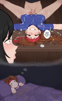 ! !! !? 1boy 2girls afrobull after_vaginal aftersex alternate_universe barefoot belt black_hair blanket blue_leotard blush breasts brown_eyes brown_hair closed_eyes clothes_pull clothing_aside cloud_strife cum cum_in_pussy cum_on_body cum_on_breasts cum_on_clothes cum_on_legs cum_on_lower_body cum_on_stomach cum_on_upper_body dreaming english_text erection facial feet final_fantasy final_fantasy_vii final_fantasy_vii_remake happy headband hetero highres holding holding_blanket indoors jessie_rasberry leaning_back leotard leotard_aside long_hair looking_at_another looking_up medium_breasts multiple_girls netorare no_panties open_mouth pants pants_pull partially_undressed penis pillow ponytail red_eyes red_headband reverse_netorare seductive_smile sitting sleeping smile speech_bubble spread_legs square_enix standing stool surprised sweat sweatdrop tank_top tifa_lockhart toes uncensored video_game watching white_tank_top wide-eyed