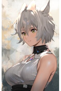 1girl animal_ears breasts cat_ears cat_girl chest_jewel clothing_cutout core_crystal_(xenoblade) diamond_cutout grey_hair hair_between_eyes highres j@ck large_breasts messy_hair na'el_(xenoblade) short_hair shorts solo upper_body xenoblade_chronicles_(series) xenoblade_chronicles_3 xenoblade_chronicles_3:_future_redeemed yellow_eyes