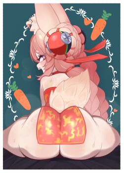 1girl ahoge alternate_costume animal_ear_fluff animal_ears ass bare_shoulders braid braided_twintails bright_pupils carrot china_dress chinese_clothes dress from_behind furry furry_female green_background hair_ornament heart highres loli long_hair looking_at_viewer looking_back merge810 open_mouth pink_fur pink_hair rabbit_ears rabbit_girl rabbit_tail red_dress red_eyes screw short_eyebrows shoulder_blades sitting solo sphere_hair_ornament spread_legs steaming_body sweat tail thick_eyebrows white_pupils zenless_zone_zero zhao_(zenless_zone_zero)