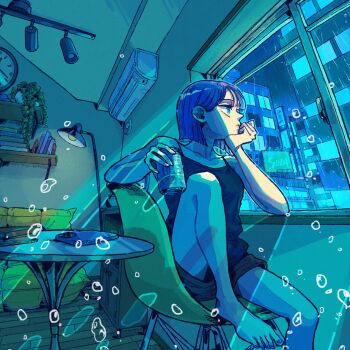 1girl absurdres air_conditioner analog_clock beer_can black_shorts black_tank_top blue_eyes blue_hair blue_nails blunt_ends book breasts bubble building cable can ceiling_light cellphone chair chest_of_drawers chinese_commentary city cityscape clock commentary_request cool_colored couch drink_can elbow_rest electrical_outlet english_text foot_out_of_frame hand_on_own_chin hands_up highres holding holding_can indoors lamp leg_up looking_outside nail_polish night night_sky on_chair original phone pile_of_books plant port_(portzzz) potted_plant rain shelf short_hair short_shorts shorts sign sitting sky skyscraper slice_of_life smartphone solo table tank_top toenail_polish toenails window