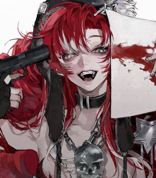 1girl armor bags_under_eyes blood blood_on_paper breasts chain chain_necklace choker cleavage collar collarbone crazy crazy_smile evil_smile eyeliner eyeshadow fangs grin gun gun_to_head hair_over_one_eye holding holding_gun holding_paper holding_weapon hood jewelry lineart long_hair looking_at_viewer makeup messy_hair multicolored_hair necklace open_mouth original paper parted_bangs pendant portrait red_eyes red_hair sketch smile solo_focus streaked_hair traditional_media weapon zhishiwan