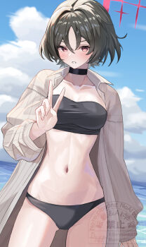 1girl absurdres bandeau bikini black_bandeau black_bikini black_choker blue_archive choker commentary_request devonrex halo highres looking_at_viewer misaki_(blue_archive) misaki_(swimsuit)_(blue_archive) navel pinstripe_pattern pinstripe_shirt red_halo shirt solo striped_clothes striped_shirt swimsuit v vertical-striped_clothes vertical-striped_shirt