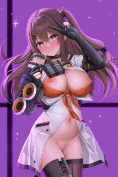 1girl absurdres backlighting bare_shoulders belt black_belt black_choker black_gloves blush bra bra_pull breasts breasts_out brown_hair brown_thighhighs choker cleavage clothes_pull coat collarbone commentary cowboy_shot criss-cross_straps dakimakura_(medium) diamond-shaped_pupils diamond_(shape) elbow_gloves english_commentary finger_heart front-tie_bra furrowed_brow girls'_frontline girls'_frontline_2:_exilium gloves grey_eyes hair_between_eyes hair_ornament hairclip hand_up head_tilt heart highres k2_(girls'_frontline) keine09 large_breasts light_frown light_particles long_hair looking_at_viewer merchandise_available navel nipples one_side_up orange_bra orange_trim partially_fingerless_gloves pouch pregnant purple_background pussy shirt single_bare_shoulder solo sparkle standing symbol-shaped_pupils thighhighs thighs underwear v very_long_hair white_coat white_shirt yellow_pupils yoohee_(girls'_frontline_2)