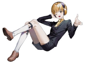 1boy absurdres arm_behind_head black_jacket blonde_hair brown_shoes chamuring collared_shirt full_body headphones highres jacket kemono_jihen legwear_garter loafers long_sleeves looking_at_viewer male_focus necktie nowaki_homuramaru one_eye_closed open_mouth shirt shoes short_hair shorts simple_background socks solo white_background white_socks
