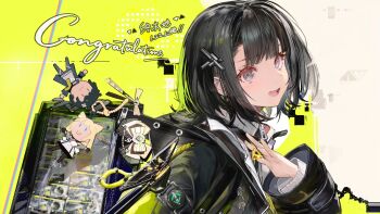 Rule 34 | 1girl, arknights, arknights: endfield, black coat, black hair, blunt bangs, coat, doll, endministrator (arknights), female endministrator (arknights), grey eyes, hair ornament, hairpin, highres, liduke, logo, official art, open clothes, open coat, perlica (arknights), second-party source, short hair