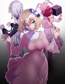 1boy 2girls ;) absurdres accelerator_(toaru_majutsu_no_index) aleister_crowley_(toaru_majutsu_no_index) black_shirt blonde_hair blood blue_eyes breasts colored_inner_hair commentary coronzon_(toaru) covered_navel cube cuffs dion_fortune dress ebora english_commentary frilled_dress frills grey_hair hair_ornament handcuffs highres holding holding_knife knife large_breasts laura_stuart medium_hair multicolored_hair multiple_girls one_eye_closed pantyhose parted_lips pink_dress pink_pantyhose red_hair shirt short_hair simple_background smile starry_hair strapless strapless_dress toaru_majutsu_no_index toaru_majutsu_no_index:_genesis_testament toaru_majutsu_no_index:_new_testament veil vest white_dress white_veil white_vest