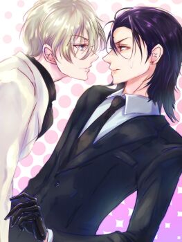 2boys aged_down alternate_hairstyle ascot before_crisis:_final_fantasy_vii bindi black_gloves black_hair black_necktie black_suit blonde_hair blue_eyes closed_mouth collar earrings eyebrows eyelashes eyes_visible_through_hair face-to-face final_fantasy final_fantasy_vii final_fantasy_vii_remake formal_clothes gloves highres jewelry looking_at_another male_focus medium_hair multiple_boys necktie nervous ponco_pacoooon profile red_eyes rufus_shinra shiny_skin short_hair simple_background smile square_enix suit sweat tseng turks_(ff7) white_suit wing_collar yaoi