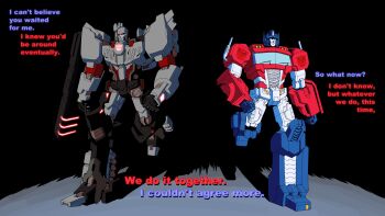 2boys arm_cannon autobot blue_eyes cannon comic commentary english_commentary glowing glowing_eyes glowing_weapon headgear highres insignia jetblack0x light machine machinery mecha megatron megatron_(idw) motor_vehicle multiple_boys no_humans optimus_prime optimus_prime_(idw) red_eyes robot smile spoilers the_transformers_(idw) transformers truck weapon