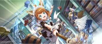 2girls :3 \||/ ahoge alternate_costume amy_(konosuba) animal_ear_fluff animal_ears apron blue_bow blue_bowtie book bookshelf bow bowtie braid braided_sidelock breasts brown_hair bucket child cleaning closed_eyes closed_mouth droopy_ears enmaided fang flower frills from_below game_cg green_eyes hair_between_eyes high_heels highres holding holding_mop holding_vase indoors juliet_sleeves kono_subarashii_sekai_ni_shukufuku_wo! konosuba!_fantastic_days large_breasts library long_hair long_sleeves low_twintails maid maid_apron maid_headdress matching_outfits medium_hair miia_(konosuba) mole mole_under_eye mop multiple_girls official_alternate_costume official_art open_mouth outstretched_arms puffy_short_sleeves puffy_sleeves short_sleeves sidelocks smile standing strappy_heels swept_bangs tail thighhighs twintails vase very_long_hair water white_apron white_thighhighs wooden_bucket wrist_cuffs