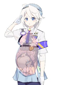 1girl 1other ahoge armband baby belt blue_archive blue_dress blue_eyes blue_necktie breasts buttons commentary_request dress fetus gloves gun hat highres holster intestines jacket kirino_(blue_archive) kokoneri medium_breasts necktie open_mouth organs pantyhose police police_badge police_hat police_uniform policewoman pregnant purple_armband purple_pantyhose salute short_hair smith_&amp;_wesson_360 smoke_grenade solo swept_bangs umbilical_cord uterus weapon white_background white_gloves white_hair white_jacket x-ray