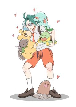 &gt;_&lt; 1girl :o =_= ^_^ ahoge alternate_costume androgynous backpack bag barboach brown_footwear carrying carrying_under_arm closed_eyes collared_shirt commentary cosplay diglett full_body gen_1_pokemon gen_2_pokemon gen_3_pokemon gen_4_pokemon green_hair heavy highres holding holding_pokemon juliana_(pokemon) juliana_(pokemon)_(cosplay) kneehighs legs_apart loafers necktie nikomako-riff nintendo numel on_shoulder open_mouth orange_necktie orange_shorts paldean_wooper phanpy pokemon pokemon_(creature) pokemon_on_shoulder pokemon_sv red_eyes rika_(pokemon) shirt shoes short_hair shorts simple_background socks standing swept_bangs turtwig white_background white_shirt white_socks