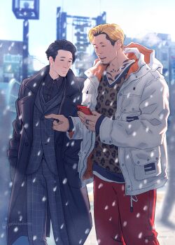 Rule 34 | 2boys, absurdres, akutsu daimu, animal print, black hair, blonde hair, cellphone, city, coat, collared shirt, commentary, earrings, english commentary, facial hair, formal clothes, goatee, highres, holding, holding phone, jacket, jewelry, leopard print, long coat, looking at phone, lost judgment, male focus, multicolored hair, multiple boys, multiple rings, phone, plaid suit, pointing, ring, shirt, smartphone, snowing, souma kazuki, suit, swept bangs, teppn (gattobamboom), two-tone hair, white coat, winter, winter clothes, winter coat