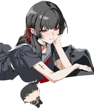 Rule 34 | 1girl, banssee, black choker, black hair, black shirt, black skirt, breasts, chisa (wuthering waves), choker, closed mouth, hair ribbon, hand on own cheek, hand on own face, large breasts, long hair, male rover (wuthering waves), mole, mole under eye, red ribbon, ribbon, rover (wuthering waves), shirt, short sleeves, simple background, skirt, smile, tacet mark (wuthering waves), white background, wuthering waves