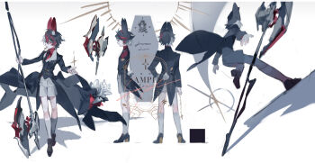 1boy animal_ears black_coat black_tailcoat coat english_text frills full_body grey_hair hair_between_eyes hair_ornament highres holding holding_polearm holding_weapon jewelry liulianjingrua long_sleeves male_focus multicolored_hair multiple_views original polearm rabbit_boy rabbit_ears reference_sheet ribbon short_hair shorts socks solo standing tailcoat tailcoat_playboy_bunny weapon white_shorts white_socks