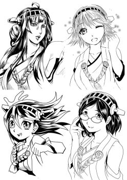 Rule 34 | 4girls, adjusting eyewear, ahoge, bare shoulders, detached sleeves, double bun, flipped hair, glasses, greyscale, hair ornament, hairband, hairclip, hara tetsuo (style), haruna (kancolle), headgear, hiei (kancolle), highres, japanese clothes, kamizono (spookyhouse), kantai collection, kirishima (kancolle), kongou (kancolle), long hair, md5 mismatch, monochrome, multiple girls, nontraditional miko, parody, resized, ribbon-trimmed sleeves, ribbon trim, short hair, smile, style parody, wide sleeves