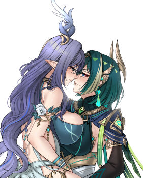 2girls antlers bare_shoulders blue_eyes blue_hair breasts commentary deer_antlers english_commentary flower genshin_impact green_eyes green_hair highres horns imminent_kiss large_breasts lauma_(genshin_impact) long_hair looking_at_another multiple_girls nefer_(genshin_impact) parted_lips pointy_ears ryuuneart sidelocks signature simple_background twitter_username very_long_hair white_background white_flower yuri