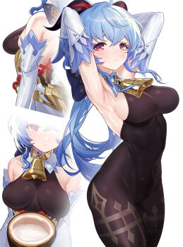 1girl ahoge armpits arms_behind_head arms_up back_bow bare_shoulders bareback bell black_pantyhose blue_hair bow breasts closed_mouth coconut cowbell curled_horns detached_collar detached_sleeves flower_knot ganyu_(genshin_impact) genshin_impact hair_between_eyes highres horns large_breasts leotard long_hair long_sleeves looking_at_viewer multiple_views pantyhose pelvic_curtain purple_eyes puuy8282 sideboob sidelocks standing