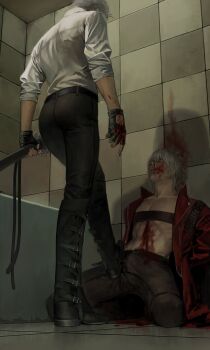 2boys absurdres arms_behind_back ass bare_pectorals black_boots black_pants blood blood_on_body blood_on_face blood_on_ground blood_on_hands boots bulge coat collarbone dante_(devil_may_cry) devil_may_cry_(series) devil_may_cry_5 grey_hair highres injury looking_up male_focus maozhu multiple_boys nosebleed pants pectorals red_coat shirt short_hair stepped_on tile_wall tiles vergil_(devil_may_cry) white_shirt yaoi