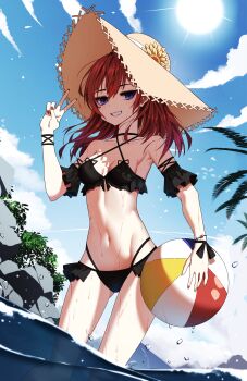 1girl absurdres ball beachball bikini black_bikini blue_sky bracelet breasts commentary criss-cross_halter day detached_sleeves double-parted_bangs dutch_angle english_commentary feet_out_of_frame frilled_bikini frills green_nails halterneck hand_up hat highleg highleg_bikini highres himura_soichiro holding holding_ball holding_beachball jewelry linea_alba long_hair looking_at_viewer multi-strapped_bikini_bottom multicolored_nails nail_polish navel original outdoors parted_lips partially_underwater_shot purple_eyes red_eyes red_nails sky small_breasts smile solo standing straw_hat summer sun swimsuit teeth v wading wet