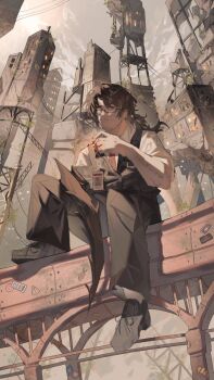 1boy absurdres arm_tattoo arthropod_limbs belt black-framed_eyewear black-framed_glasses black_belt black_pants black_shirt black_vest brown_hair buckle building cigarette city cityscape closed_mouth cloud cloudy_sky collared_shirt day facial_hair full_body glasses gregor_(project_moon) hair_between_eyes half-closed_eyes highres holding holding_cigarette id_card jitome limbus_company long_hair long_sleeves looking_at_viewer looking_to_the_side low_ponytail male_focus necktie outdoors pants parted_bangs parted_lips plant pole ponytail power_lines project_moon railing red_necktie sanpaku scenery semi-rimless_eyewear shirt shoe_soles shoes sitting sky skyscraper smoke smoking socks solo stubble tattoo tower under-rim_eyewear vest vines white_shirt white_socks yellow_eyes