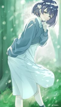 Rule 34 | 13seisei, 1girl, absurdres, blunt bangs, commentary request, cropped sweater, dress, gakuen idolmaster, grass, grey sweater, hataya misuzu, highres, idolmaster, index finger raised, looking at viewer, official alternate costume, outdoors, see-through silhouette, short hair, solo, sweater, taisetsu na mono (idolmaster), tree, twitter username, white dress