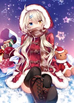 Rule 34 | 1girl, ahoge, black thighhighs, blue eyes, boots, brown boots, brown hair, christmas, coat, duffel coat, female focus, fur trim, gift, hair ornament, hairclip, heterochromia, hood, lace-up boots, long hair, looking at viewer, luca (nogi takayoshi), nogi takayoshi, orange eyes, original, red coat, sack, santa costume, scarf, sitting, solo, star (symbol), stuffed animal, stuffed toy, teddy bear, thighhighs, thighhighs under boots