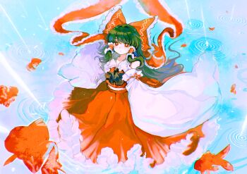 Rule 34 | 1girl, absurdres, ascot, bow, bright pupils, brown hair, closed mouth, detached sleeves, fish, frilled bow, frilled hair tubes, frills, goldfish, hair bow, hair tubes, hakurei reimu, highres, long hair, looking at viewer, red bow, red eyes, red skirt, ribbon-trimmed sleeves, ribbon trim, ripples, seiryo0425, skirt, skirt set, solo, touhou, water, white pupils